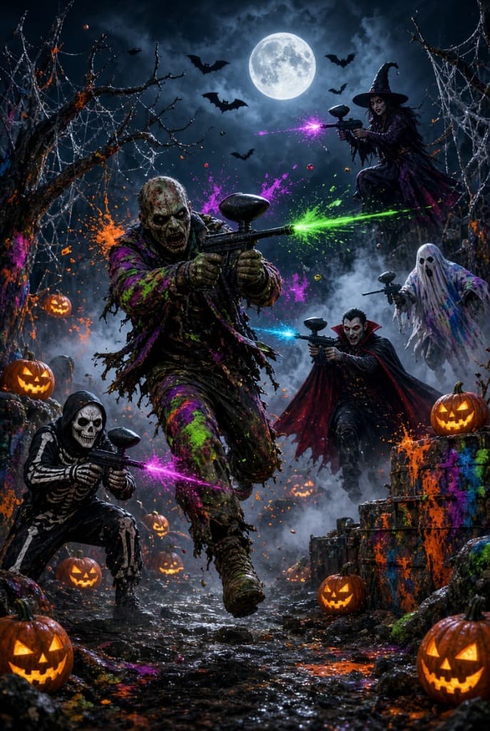 Costumed paintball players under a full moon